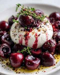 🌿 Burrata with Roasted Black Pepper Cherries & Balsamic Glaze 🍒