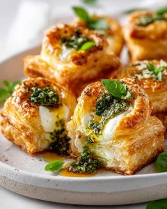 🌿 Mini Burrata & Pesto Puff Pastry Bites with Hot Honey 🍯